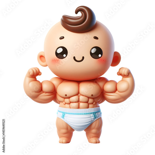 Cute baby character wearing muscular diaper 3d illustration with smiling face isolated on white background