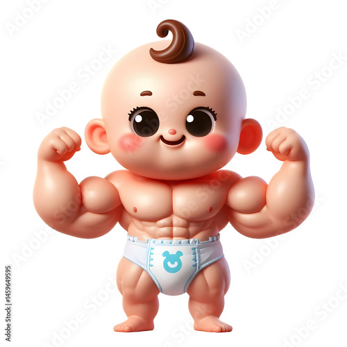 Cute baby character wearing muscular diaper 3d illustration with smiling face isolated on white background