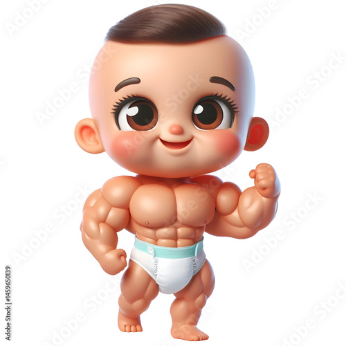 Cute baby character wearing muscular diaper 3d illustration with smiling face isolated on white background