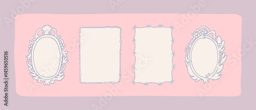 Coquette rococo frames collection. Mermaid summer sea border set. Beautiful whimsical wedding frame design. Hand drawn whimsy mermaidcore vector borders design. Vintage oval elegant empty frame