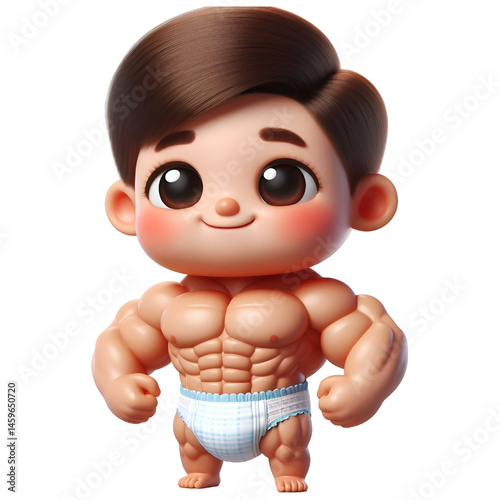 Cute baby character wearing muscular diaper 3d illustration with smiling face isolated on white background