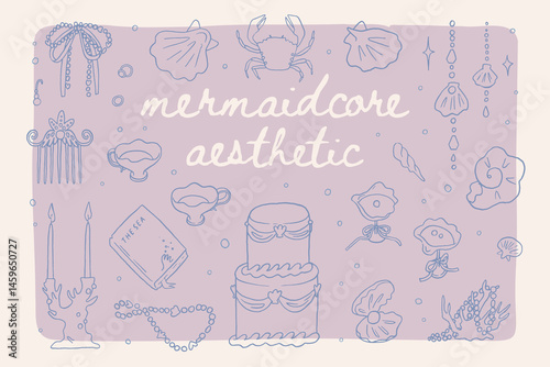 Whimsical mermaid vector elements set. Mediterranean mermaidcore illustrations. Summer coastal wedding invitation. Siren witchery sea. Ocean aesthetic bachelorette party clipart stickers collection
