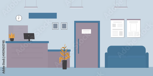 Hospital reception waiting room with seats, door and desk. Empty room without people. Medical clinic interior with furniture. horizontal banner.