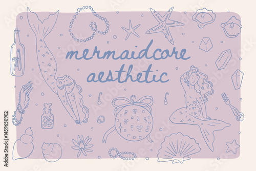 Whimsical mermaid vector elements set. Mediterranean mermaidcore illustrations. Summer coastal wedding invitation. Siren witchery sea. Ocean aesthetic bachelorette party clipart stickers collection