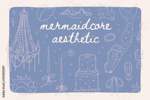 Whimsical mermaid vector elements set. Mediterranean mermaidcore illustrations. Summer coastal wedding invitation. Siren witchery sea. Ocean aesthetic bachelorette party clipart stickers collection