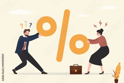 Business people competition for giant sign percentage. Business competition for market share percentage, conflict in investment benefit, tariff increase, trade war concept.