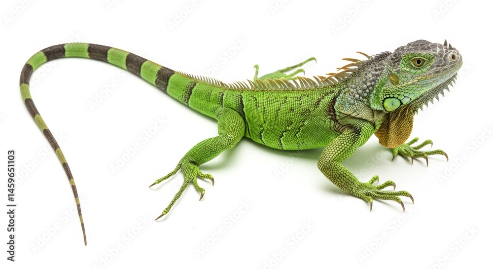 Fototapeta premium Striking Green Iguana Portrait Captures Wildlife Beauty Close-Up Against White Backdrop for Conservation and Exotic Pet Concepts