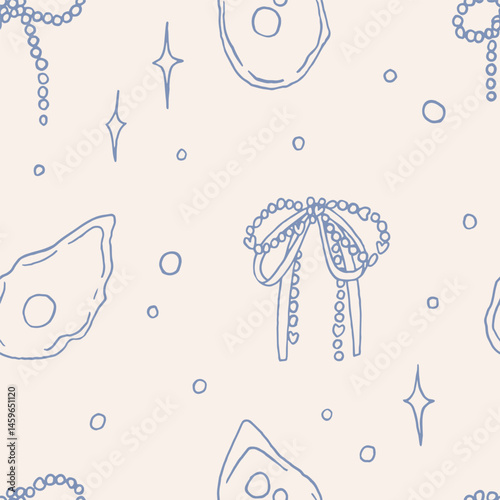 Whimsical mermaidcore seamless pattern. Mediterranean background design. Blue summer coastal backdrop ornate. Decorative textile ornament. Siren witchery sea and ocean aesthetic vector wallpaper