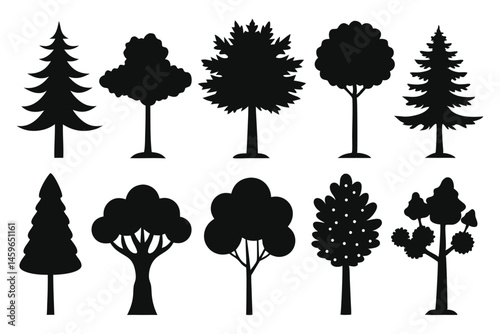 Forest Tree Silhouettes – Mixed Tree Species Vector Shapes Set
