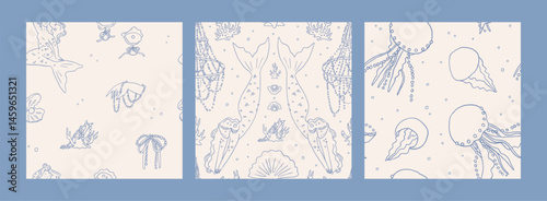 Whimsical mermaidcore seamless pattern set. Mediterranean background design. Blue summer coastal backdrop ornate. Decorative ornament. Siren witchery sea, ocean aesthetic vector wallpaper collection
