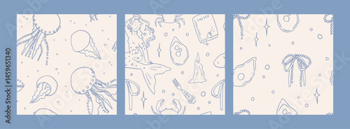 Whimsical mermaidcore seamless pattern set. Mediterranean background design. Blue summer coastal backdrop ornate. Decorative ornament. Siren witchery sea, ocean aesthetic vector wallpaper collection