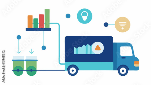 Food Safety Tracking An illustration depicting a refrigerated truck transporting food items with a data stream displayed alongside it. Icons showing temperature control give a