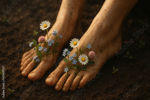Bare feet covered in soil with small colorful flowers growing from the skin in a symbolic natural environment concept..