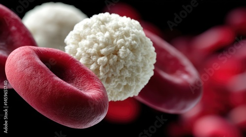 Blood cells, red blood cells and white blood cell in microscopic view.  Close-up view of  cells moving in a dynamic and active manner
