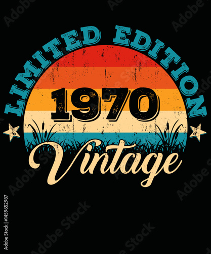 Retro vintage  Limited Edition 1970 Vintage t-shirt design vector for t-shirts Mugs Sublimation designs, Circle sunset Distressed PNG, Print on demand