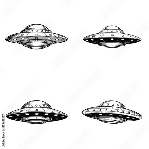 Four Futuristic UFOs Hovering in Symmetry: A Black-and-White IVector llustration of Extraterrestrial Craft
