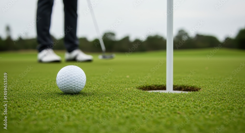 Obraz premium Close up of a golf ball near the hole on the green, ready to be putted by a golfer in the background. Focus on precision and the games challenge.