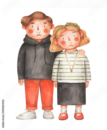 Cute cartoon couple. Watercolor illustration of young man and woman. Hand-drawn picture of boy and girl, isolated on white background