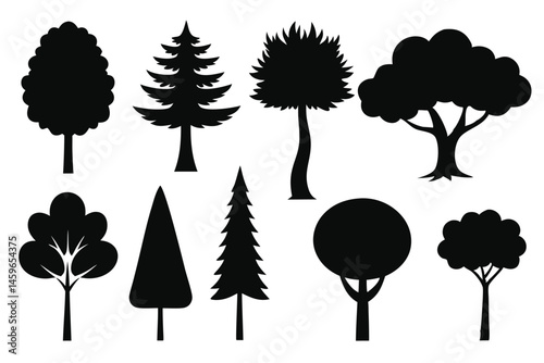 Tree Variety Vector Collection – Natural Forest Elements in Black Silhouette