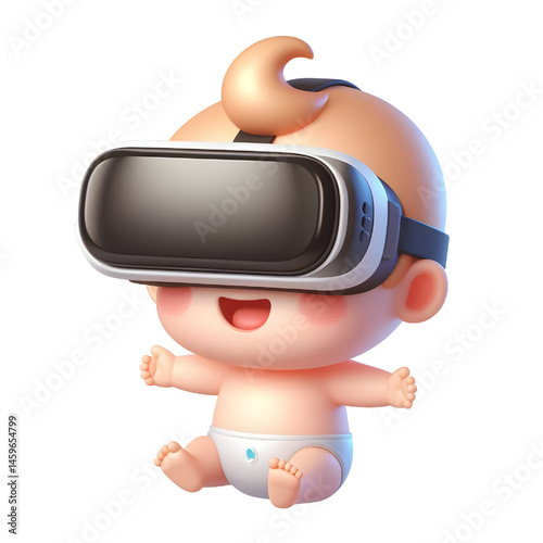 Cute baby character wearing virtual reality glasses and floating, 3d illustration with smiling face isolated on white background
