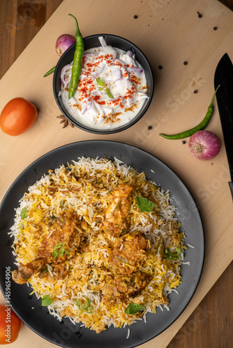 Spicy chicken biryani in pot. served with onion raita	