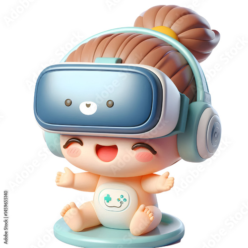 Cute baby character wearing virtual reality glasses and floating, 3d illustration with smiling face isolated on white background