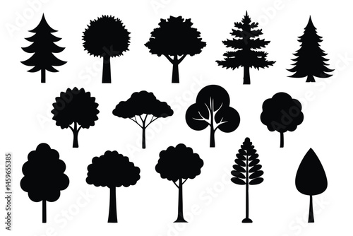 Tree Variety Vector Collection – Natural Forest Elements in Black Silhouette