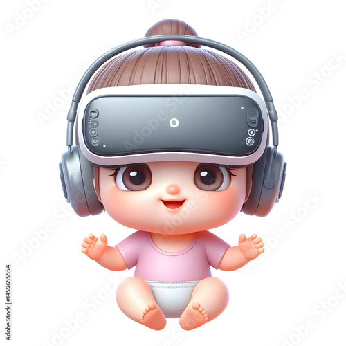 Cute baby character wearing virtual reality glasses and floating, 3d illustration with smiling face isolated on white background