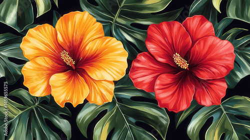Vibrant Tropical Hibiscus Flowers with Lush Green Leaves