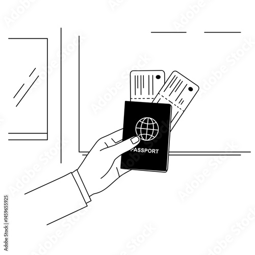 Hand holding passport and tickets against travel check-in backdrop  