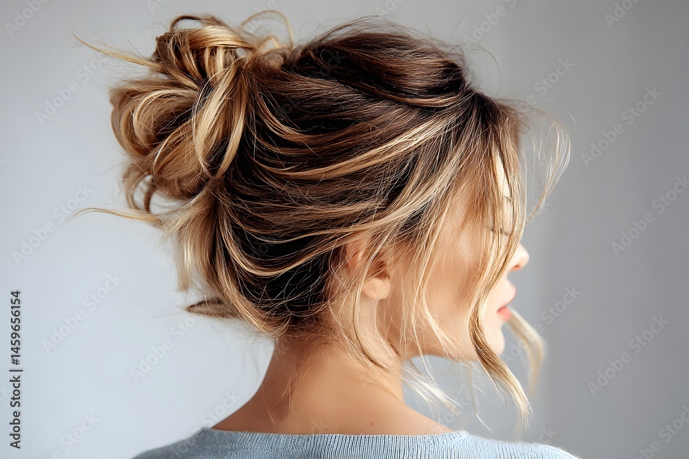 Obraz premium A detailed view of a woman's elegantly styled hair in a messy bun with loose strands framing her face against a soft gray background