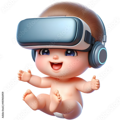 Cute baby character wearing virtual reality glasses and floating, 3d illustration with smiling face isolated on white background