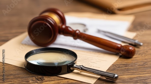 Wooden gavel, magnifying glass, and legal documents on a table.