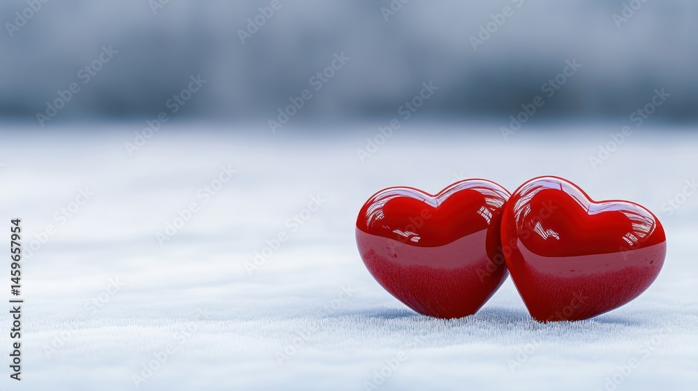 Fototapeta premium Two red glossy hearts on soft blue background romantic love valentine concept