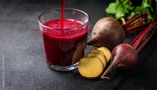 beetroot juice is poured into a glass and placed on a dark surface with beets and ginger
