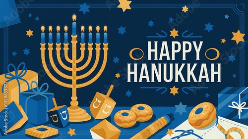 Festive Hanukkah Celebration with Menorah Candles Dreidels Gelt and Wrapped Gifts Traditional Jewish Holiday Background with Blue and Gold Decor Happy Hanukkah Greeting Card with Starry Confetti