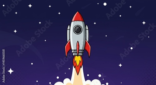 A cartoon vector illustration shows a spaceship rocket flying to the moon through the starry night sky on a space travel exploration