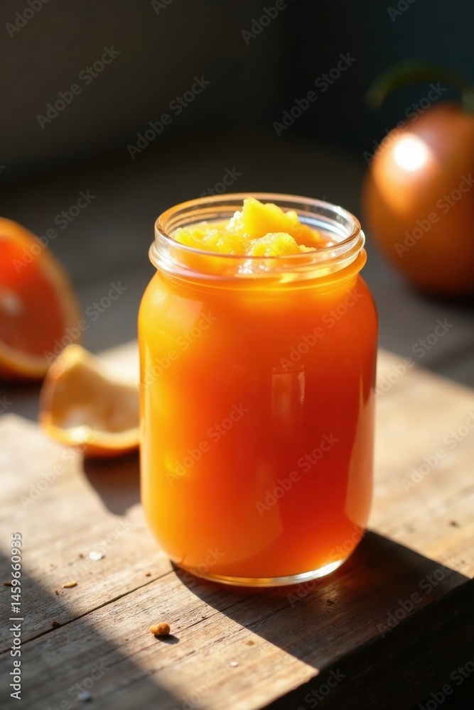 A Mason Jar Filled with Freshly Made Citrus Marmalade, Illuminated by Sunlight on a Rustic Wooden Table