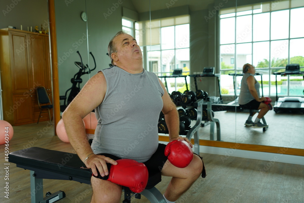 Elderly Caucasian man with a fat belly wearing gym clothes wearing red gloves practicing boxing and punching doing exercises for health and lose weight in a fitness centere.