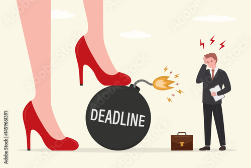 Woman boss leg standing on burning deadline bomb. Female leader on high heel shoes. Unhappy employee with project deadline, running out of time or time management.