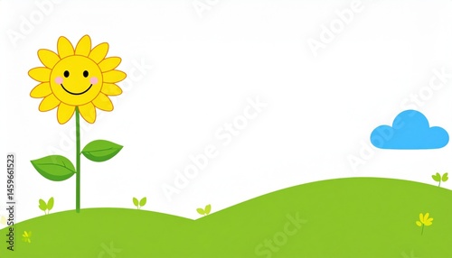 Cheerful sunflower blooming in green landscape nature illustration bright and playful whimsical viewpoint