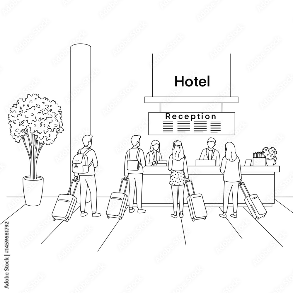Hotel guests checking in at reception while luggage is present Hotel guests checking in at reception while luggage is present