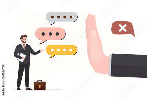 decline or refuse in conversation, say no or disapprove, disagreement, businessman hand reject employee request. deny request or manager decision authority,