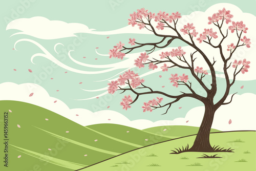 85 Spring landscape, cherry blossom tree, rolling green hills, blue sky, fluffy white clouds, vibrant colors, peaceful scenery, digital art style, wide panorama, soft lighting, bloom season, nature il