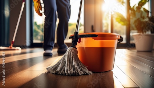 floor cleaning crew close up of mop and bucket home cleaning sanitation