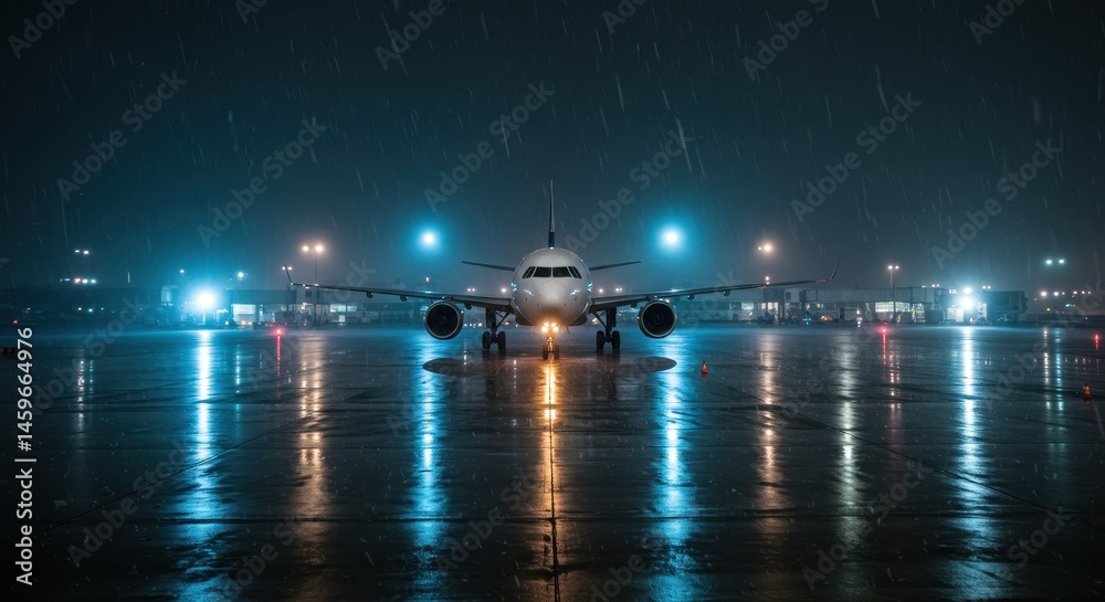 Obraz premium Commercial airplane on wet airport runway at night during heavy rain. Modern passenger jet ready for takeoff in bad weather conditions.