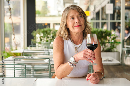 Obraz na płótnie Elegant businesswoman enjoying a glass of red wine while relaxing at an outdoor restaurant w salonie