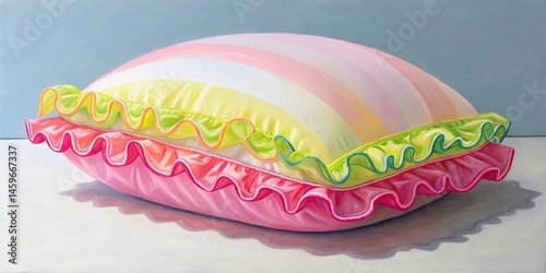 Painting of inflating deflated object with neon colored ruffled edges, abstract, minimal