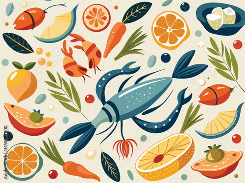 Mediterranean Seafood Vector Border – Vintage Dolce Vita Illustration Pattern

