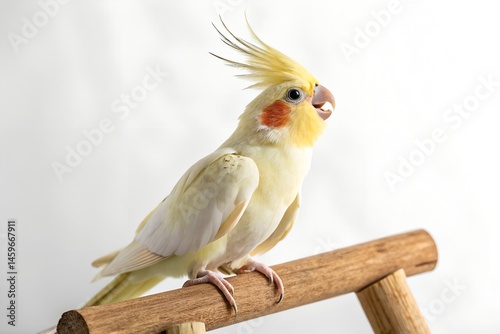 cockatiel with raised crest singing on at wooden perch